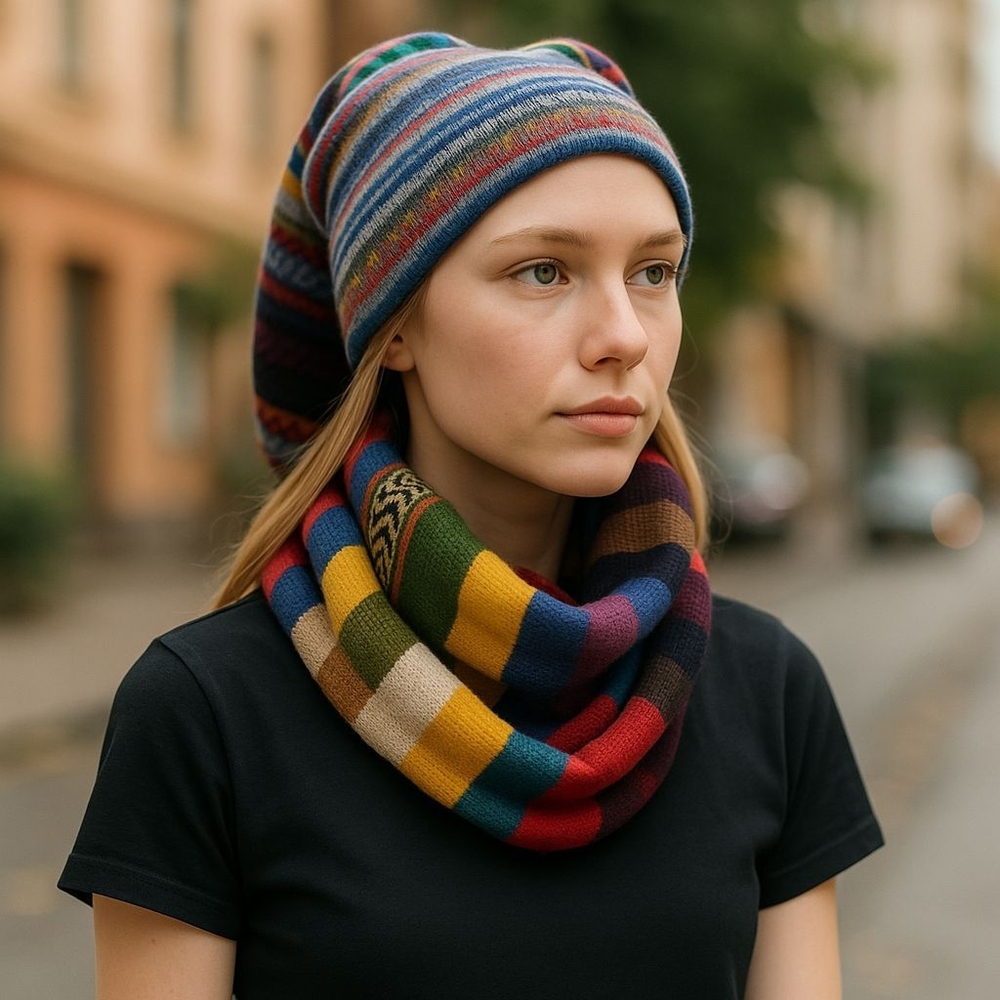 Multicolor Striped Knit Beanie and Scarf Set